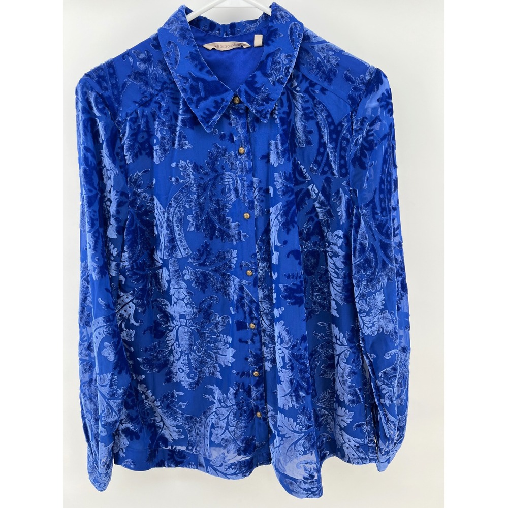 Soft Surroundings M Whimsigoth Velvet Burnout Top Button Up Shirt Royal Blue
